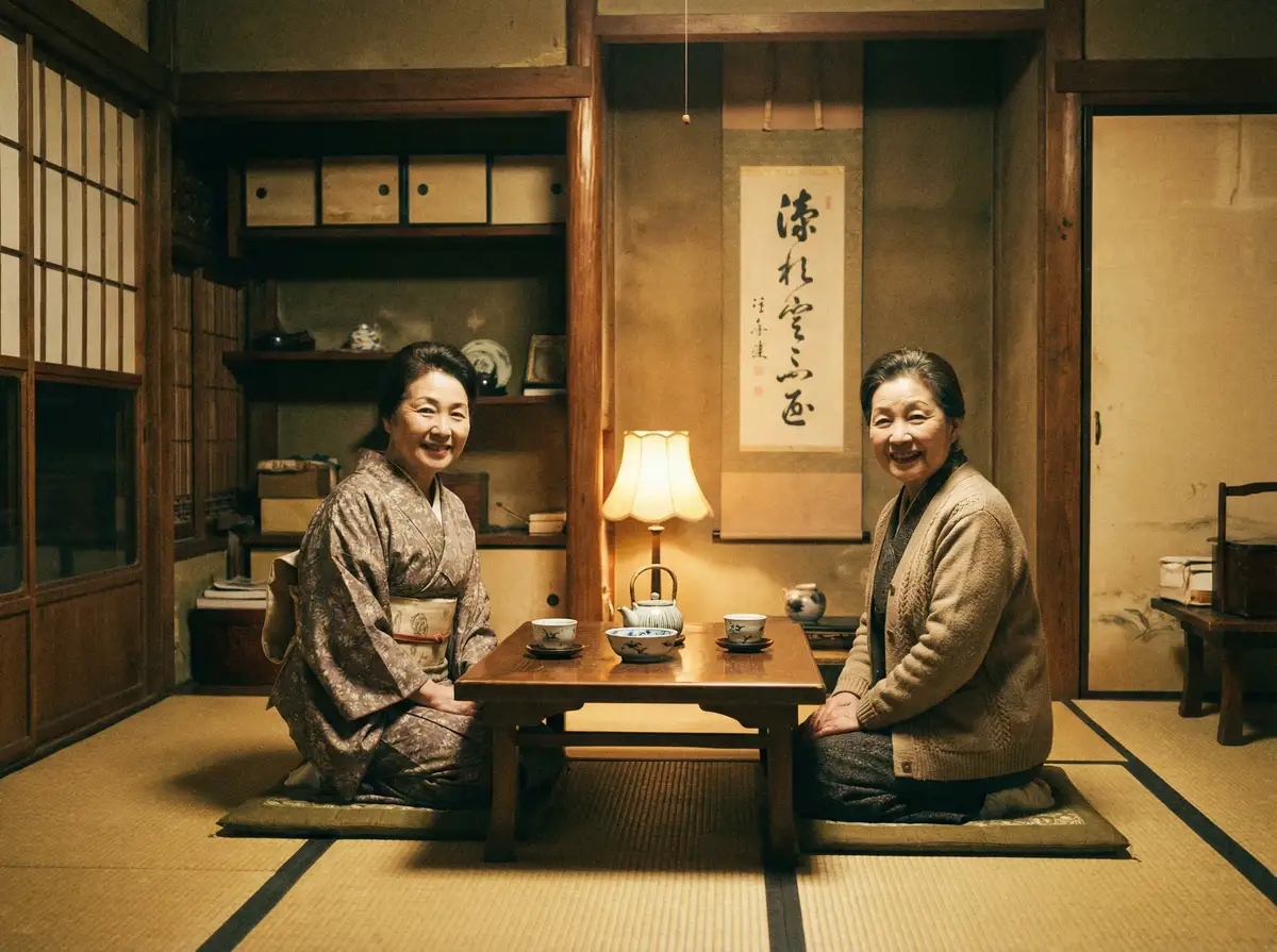 两位优雅的 张婉莹 在日式茶室中品茶交谈
